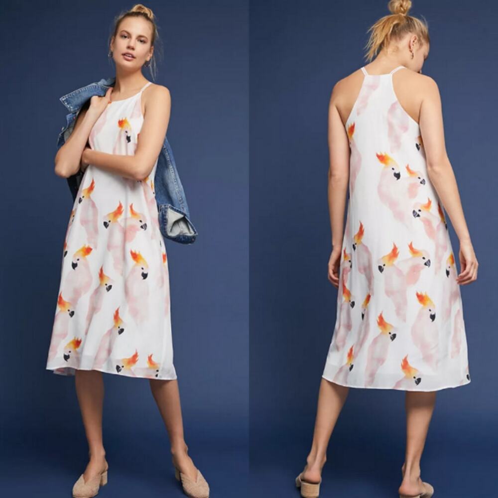 Corey Lynn Calter Zola Midi Dress XS Spring Summer Parrot Animal Halter Neck‎
